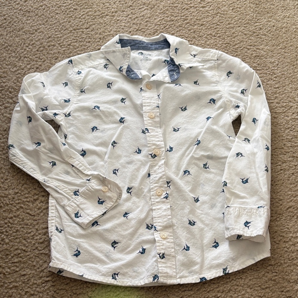 OshKosh B'gosh White and Blue Bird Print Kids Button Down Shirt